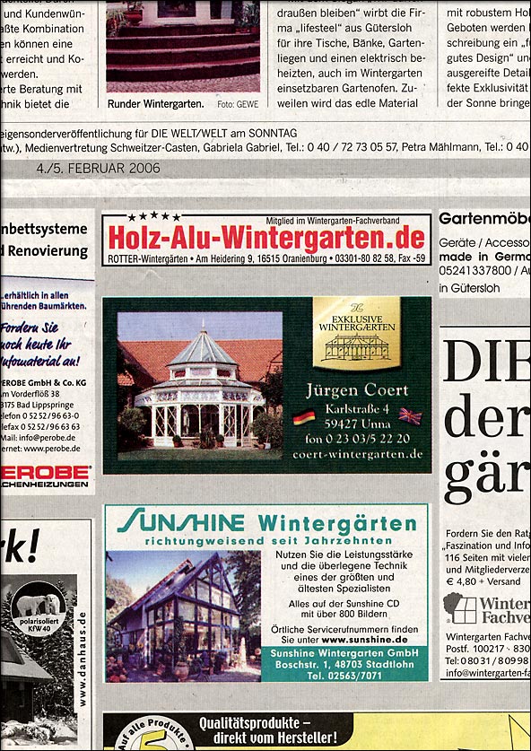 Wintergartenhersteller J&uuml;rgen Coert Exklusive Winterg&auml;rten - Unternehmensanzeige im originalen Umfeld einer gro&szlig;en deutschen Wochenzeitung